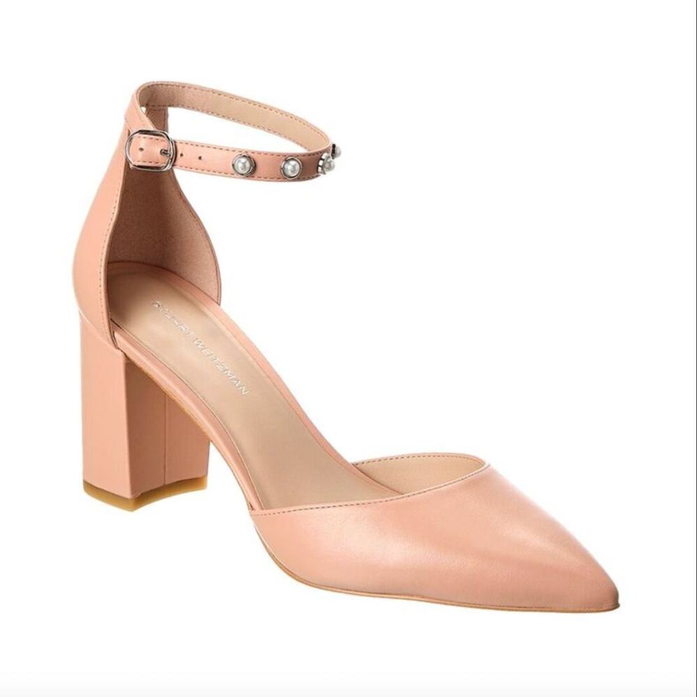 New Stuart Weitzman Pearl Strap Block 75 Pump Poudre Pink Leather Size 5.5